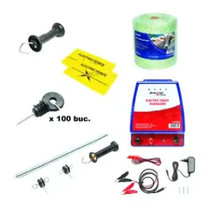 Super ofertă Kit complet gard electric 12/220V, 3.5 Joule, lungime fir 1000m, 100 izolatori, maner, poarta si 2 placute avertizare Breckner Germany