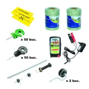 Cumpărături sigure Kit complet gard electric 12/220V, 1.8 Joule, lungime fir 2x500m, 100 izolatori, maner, poarta si 2 placute avertizare Breckner Germany