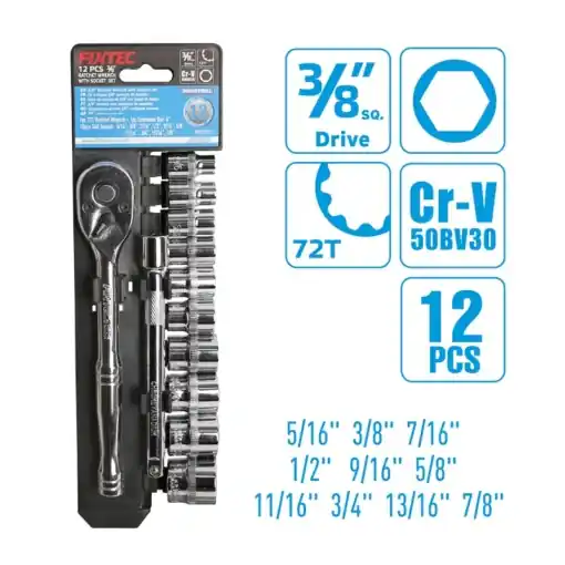 Set clichet cu tubulare FIXTEC 12 piese, 3/8", CR-V Mai ieftin