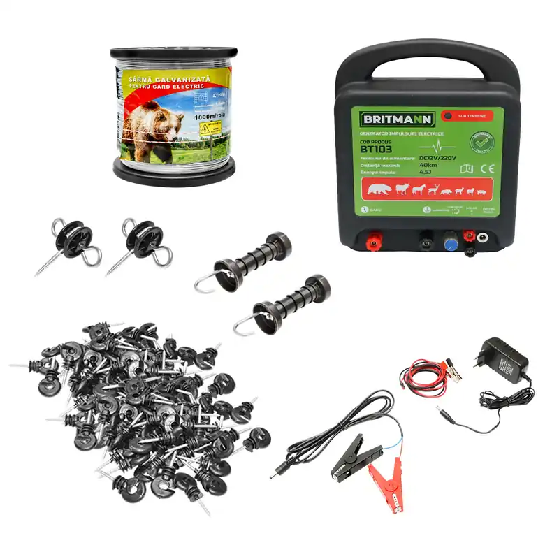 Kit complet gard electric 12/220V, 4 Joule lungime sarma 1000m, 100 izolatori Breckner Germany Disponibil imediat